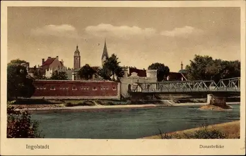 Ak Ingolstadt an der Donau Oberbayern, Donaubrücke, Teilansicht, Kirchturm