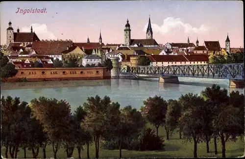 Künstler Ak Markert, G., Ingolstadt an der Donau, Blick über die Donau auf die Stadt, Brücke