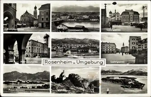 Ak Rosenheim Oberbayern, Herrenchiemsee, Ludwigsplatz, Gesamtansicht, Stadtpfarrkirche