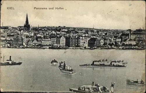 Ak Kiel Schleswig Holstein, Panorama, und Hafen, Schiffe