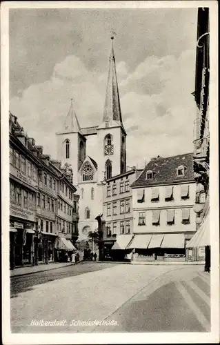 Ak Halberstadt Harzvorland, Geschäfte in der Schmiedestraße, Kirche