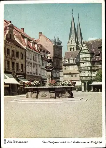 Ak Halberstadt in Sachsen Anhalt, Der Holzmarkt mit Brunnen und Stelzfuß, Fachwerkhäuser