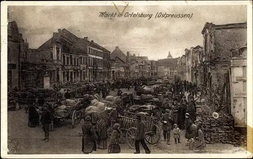 Ak Szczytno Ortelsburg Ostpreußen, Fuhrwerke, Kriegszerstörungen, Markt, I. WK