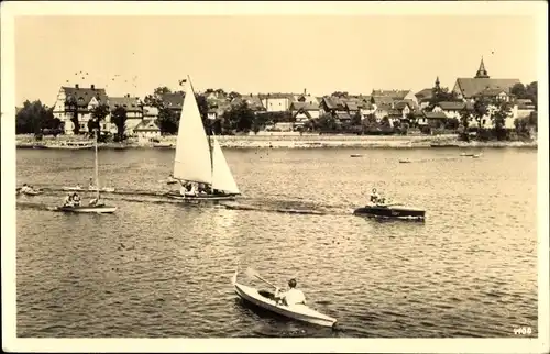 Ak Saalburg in Thüringen, Teilansicht mit See, Boote