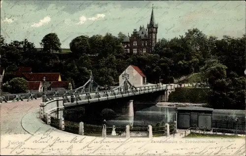 Ak Zwickau in Sachsen, Paradiesbrücke mit Ebertschlösschen