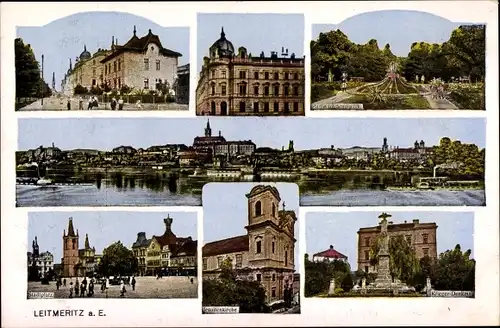 Ak Litoměřice Leitmeritz Region Aussig, Kriegerdenkmal, Stadtplatz, Kirche, Panorama