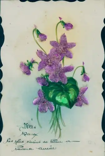 Zelluloid Ak Violette Blumen, Blumenblatt