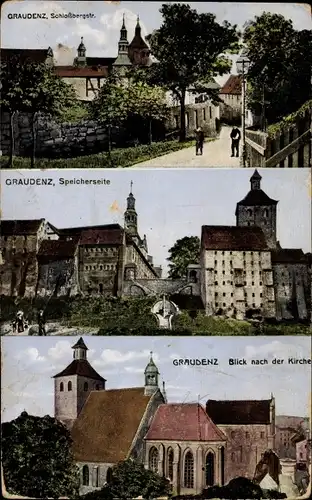 Ak Grudziądz Graudenz Westpreußen, Schloßbergstraße, Speicherseite, Kirche