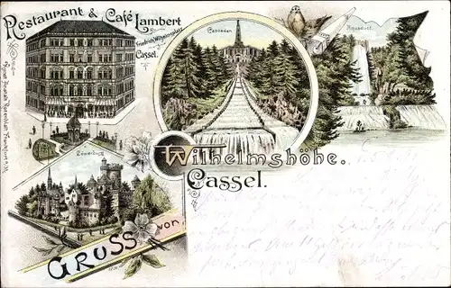 Litho Bad Wilhelmshöhe Kassel in Hessen, Restaurant Lambert, Löwenburg, Cascaden