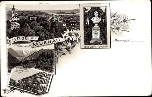 Litho Murnau am Staffelsee, König Ludwig II. Denkmal, Panorama, Post Hotel