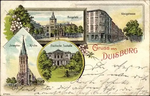 Litho Duisburg im Ruhrgebiet, Königstraße, Burgplatz, Josephs Kirche, Tonhalle