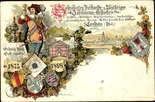 Ganzsachen Wappen Litho Landau in der Pfalz, 16. Verbands und 25jh Jubiläumsschießen Juli 1898