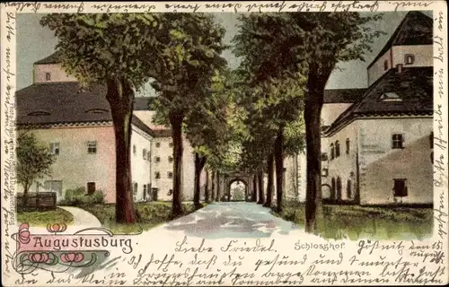 Litho Augustusburg im Erzgebirge, Blick zum Schlosshof, Tor