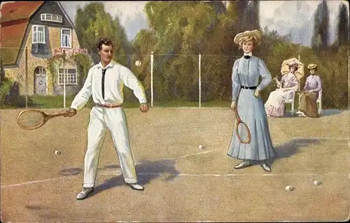 Ak Paar auf dem Tennisplatz