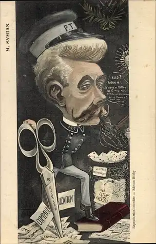 Künstler Ak Muller, E., M. Symian, Postes et Telegraphes, Karikatur
