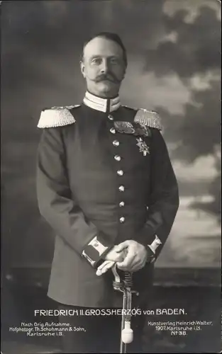 Ak Großherzog Friedrich II. von Baden in Uniform, Säbel, Orden, Epauletten