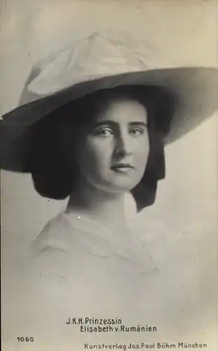 Ak Prinzessin Elisabeth von Rumänien, Portrait mit Hut