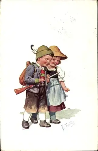 Künstler Ak Feiertag, Karl, Junge und Mädchen, Dirndl, Lederhose, Gewehr, BKWI 699 4
