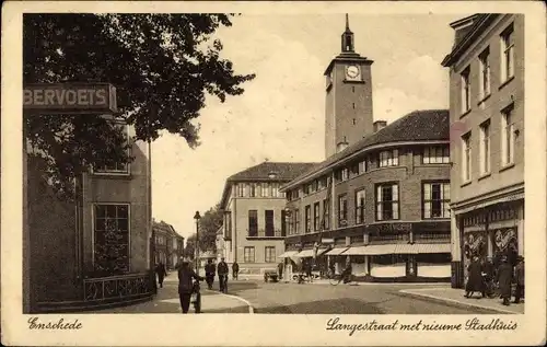 Ak Enschede Overijssel Niederlande, Langestraat met nieuwe Stadhuis