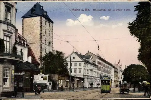 Ak Mainz am Rhein, Rheinstraße mit eisernem Turm, Straßenbahn