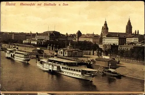 Ak Mainz am Rhein, Rheinansicht mit Stadthalle und Dom