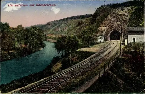 Ak Frankenberg an der Zschopau Sachsen, Harrasfelsen mit Körnerkreuz