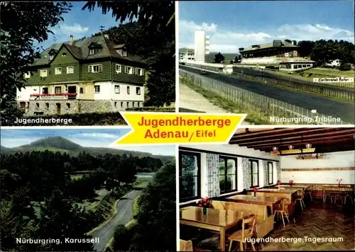 Ak Adenau in der Eifel, Jugendherberge, Tagesraum, Nürburgring Tribüne, Karussell