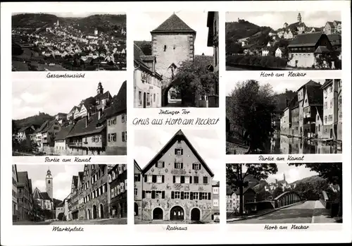 Ak Horb am Neckar, Gesamtansicht, Ihlinger Tor, Marktplatz, Rathaus, Partie am Kanal