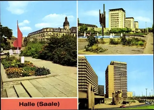 Ak Halle an der Saale, Fahnenmonument Flamme der Revolution, Röhrenbrunnen, Thälmannplatz