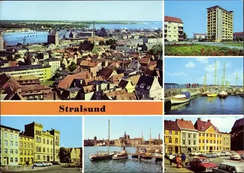 Ak Stralsund in Vorpommern, Teilansicht, Leninplatz, Blick zum Hafen, Am Heinrich Heine Ring