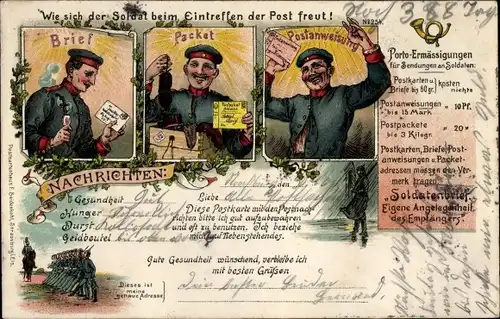 Litho Wie sich der Soldat beim Eintreffen der Post freut, Feldpost, Soldatenbrief, Paket