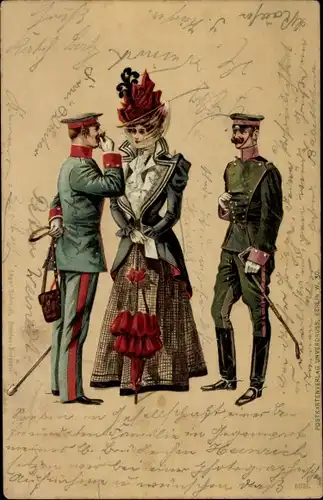 Litho Zwei Soldaten in Uniform werben um eine Dame