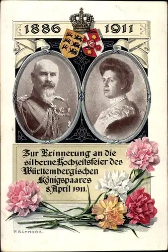 Ak König Wilhelm II. von Württemberg, Marie zu Waldeck und Pyrmont, Silberhochzeit 1911, Wappen
