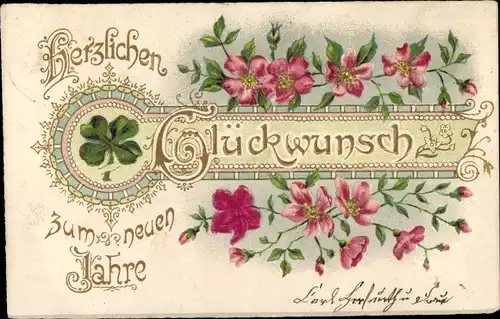 Präge Ak Glückwunsch Neujahr, Kleeblatt, Rosen