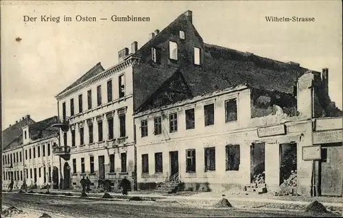 Ak Gussew Gumbinnen Ostpreußen, Wilhelmstraße, Kriegszerstörung 1. WK