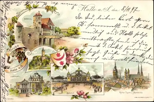 Litho Halle an der Saale, Moritzburg, Stadttheater, Bahnhof, Ruine Giebichenstein, Kirche, Wappen