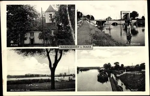 Ak Wernsdorf Königs Wusterhausen in Brandenburg, Kirche, Schleuse, Kanal, See