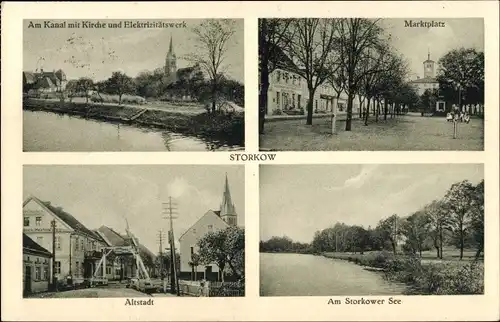 Ak Storkow in der Mark, Kanal, Kirche, Elektrizitätswerk, Storkower See