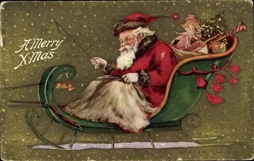 Präge Künstler Ak Glückwunsch Weihnachten, Weihnachtsmann, Schlitten, Geschenke
