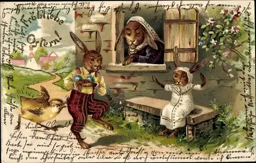 Präge Litho Glückwunsch Ostern, Osterhasen, Familie, Küken, Ostereier