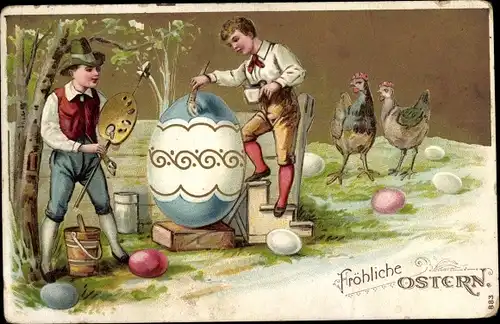 Präge Ak Frohe Ostern, Jungen malen ein Osterei an, Hühner