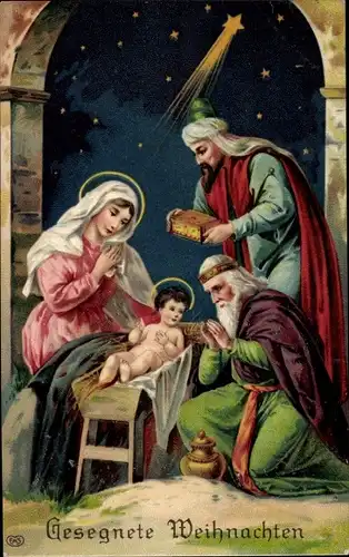 Ak Glückwunsch Weihnachten, Heilige Familie, Könige, Geschenke, Jesus