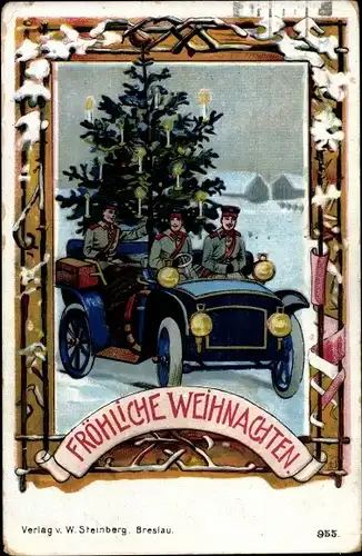 Passepartout Ak Glückwunsch Weihnachten, Soldaten im Auto, Tannenbaum