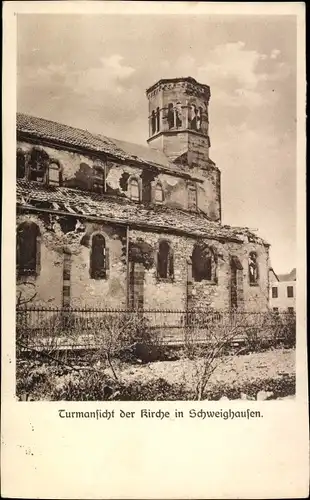 Ak Schweighouse Thann Schweighausen Elsass Haut Rhin, Turmansicht der Kirche