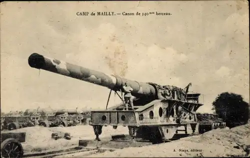Ak Mailly le Camp Aube, Camp de Mailly, Canon de 340mm berceau