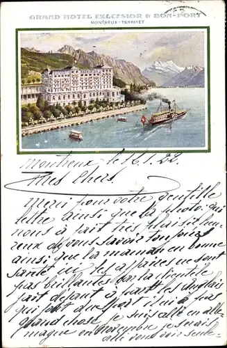 Ak Montreux Kanton Waadt Schweiz, Grand Hotel Excelsior, Dampfer