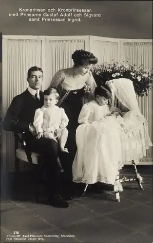Ak Kronprinz Gustav VI. Adolf, Kronprinzessin Margaret of Connaught, Gustav Adolf, Sigvard, Ingrid