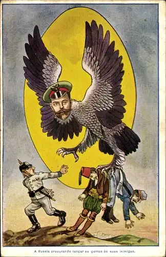 Ak Nikolaus II., Schwarzer Adler entführt türkische und österreichische Soldaten, Karikatur