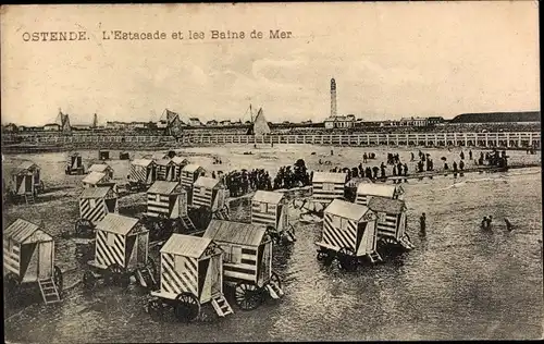 Ak Oostende Ostende Westflandern, L'Estacade et les Bains de Mer, Badewagen