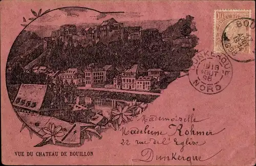 Litho Bouillon Wallonien Luxemburg, Vue du Chateau, Ortsansicht mit Burg